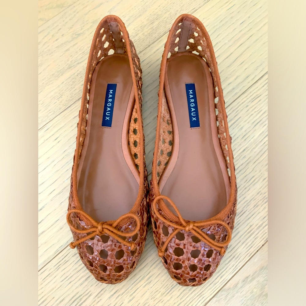 NWT NIB Margaux Woven Leather Ballet Flats in Cognac Brown